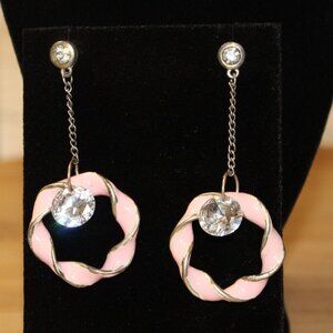 Pink Enamel & Rhinestone Dangle Drop Earrings With Silver-Tone Chain Design 2"